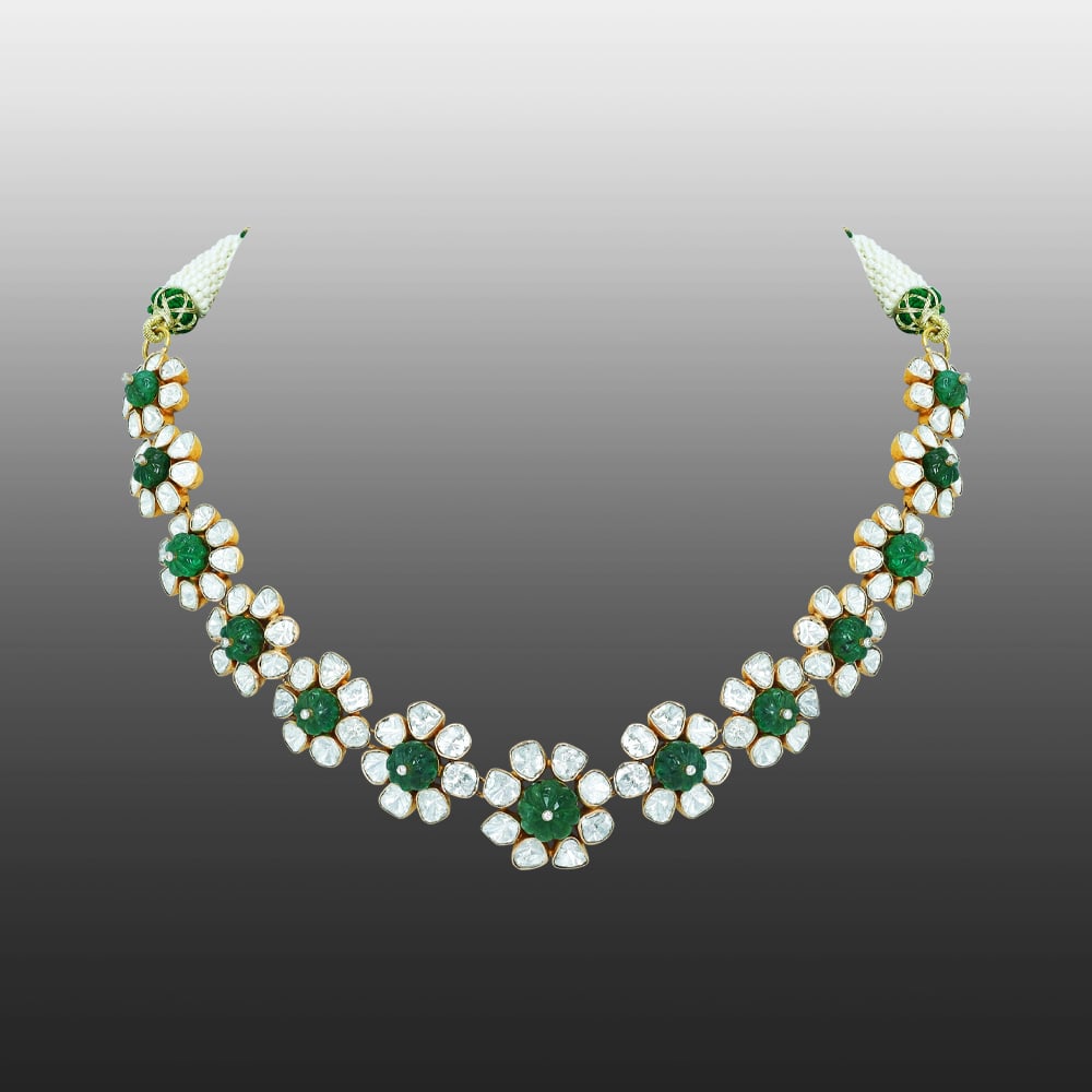 Polki Necklace with Emerald Accents and Blooming Design